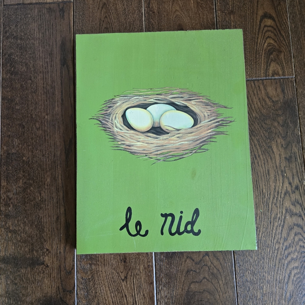 Pottery Barn Wall Art on Wood Plaque Painted Green Nest With EGGS Le Nid EUC